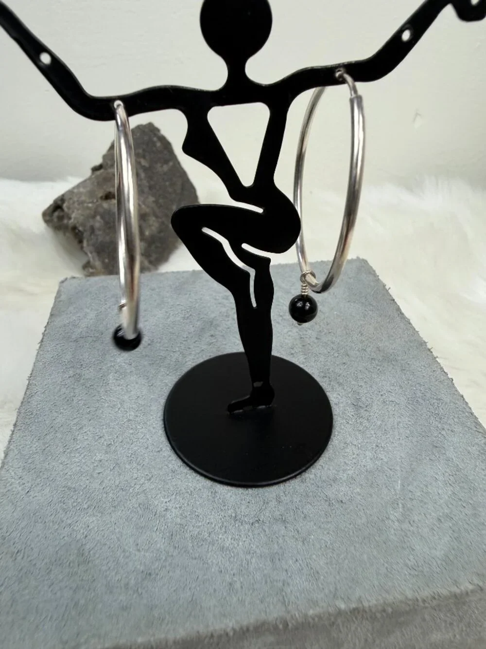 Sterling Silver Hoop Earrings w/ Black Onyx Dangle Bead 1.75